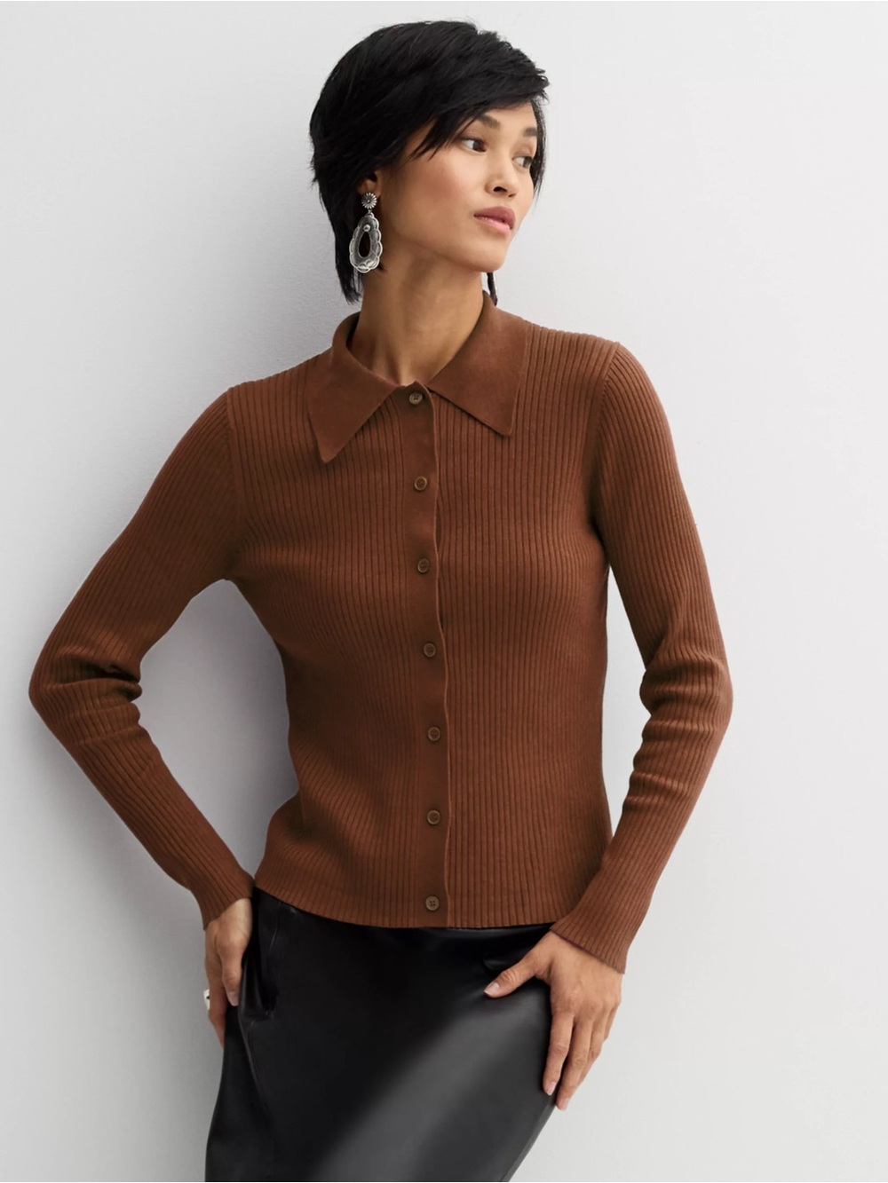 NWT Nine West Caramel Brown Rib Button-Up Collared Sweater Cardigan Shirt